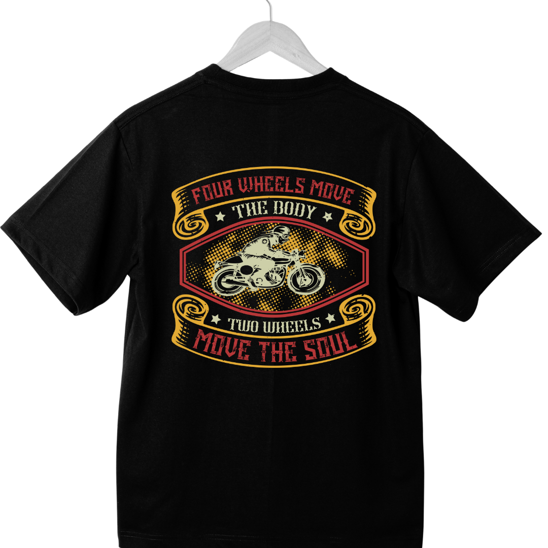 model wearing MOVE THE SOUL statement t-shirt front view
