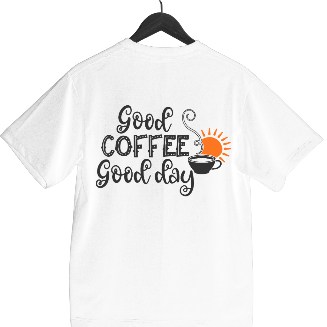 white tee featuring GOOD COFFEE DAY playful graphic design