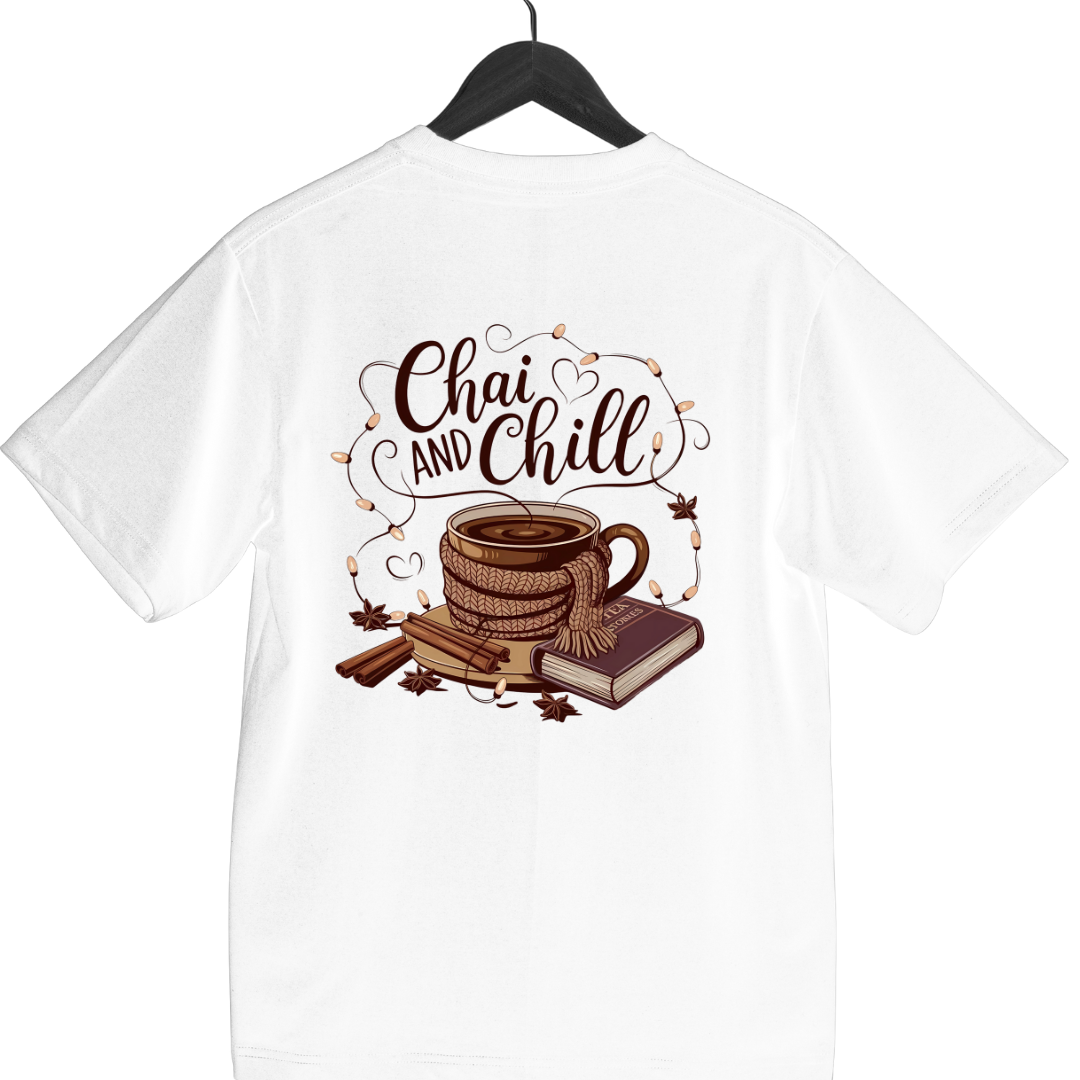 white tee featuring CHAI AND CHILL cozy graphic design