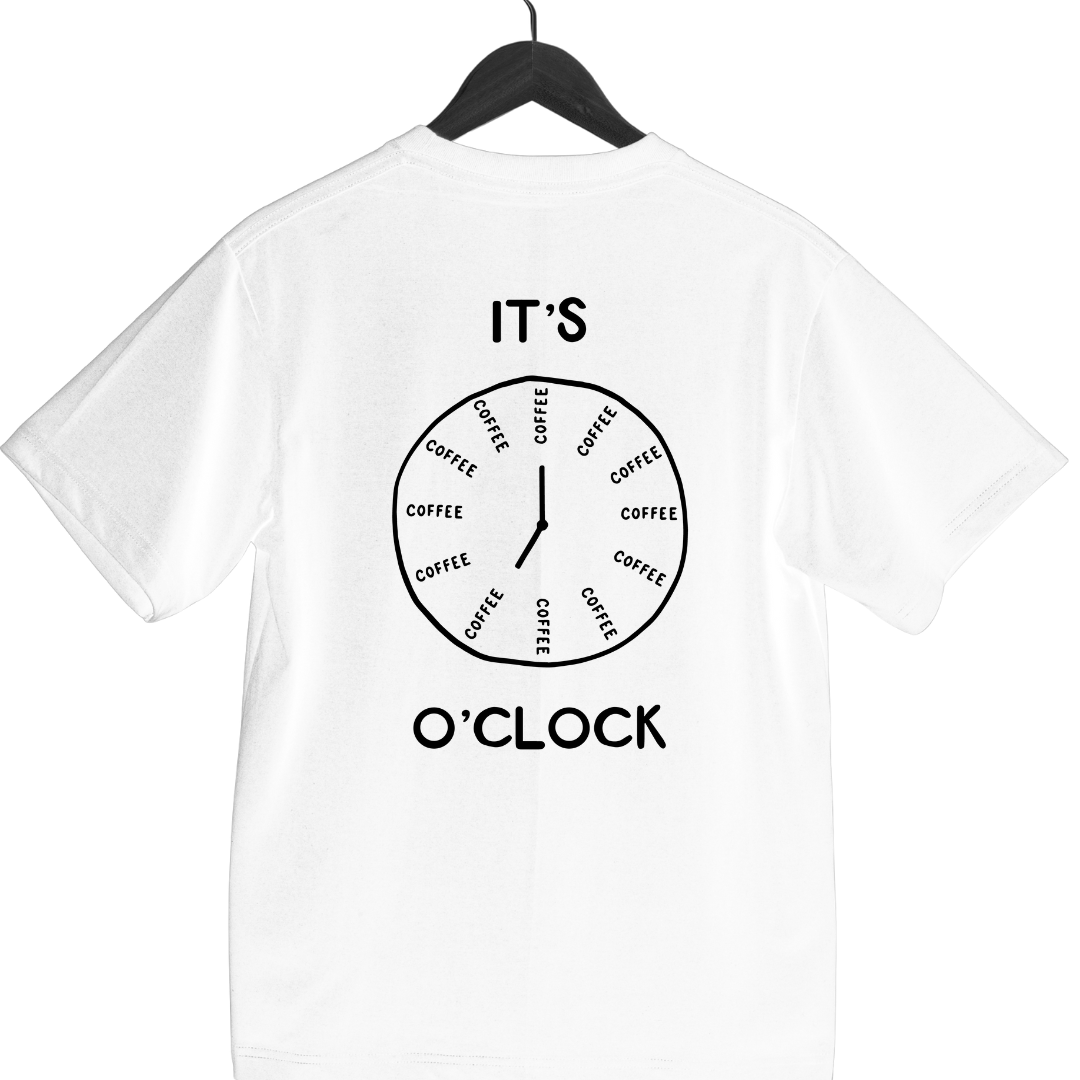 white tee featuring COFFEE O' CLOCK playful graphic design