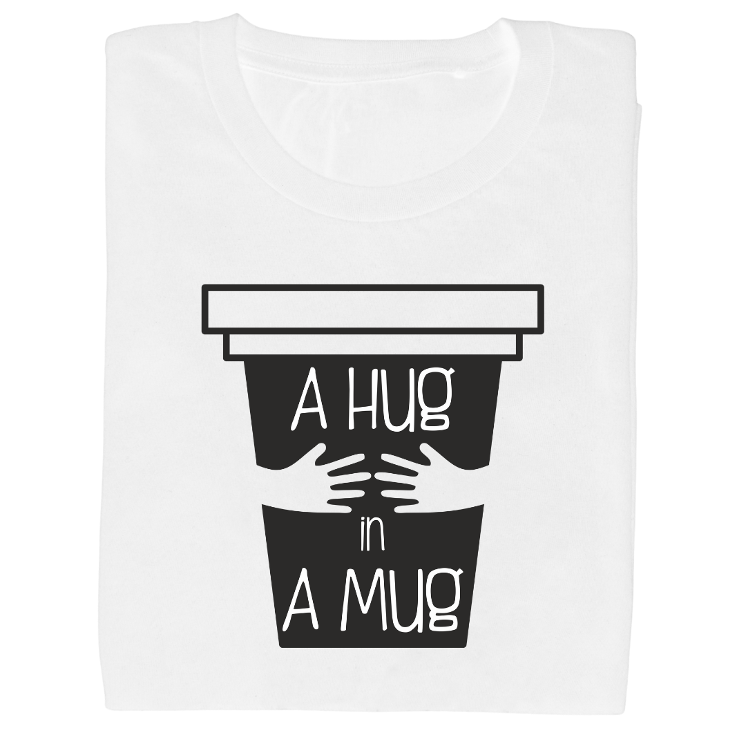 model wearing HUG IN A MUG statement t-shirt front view