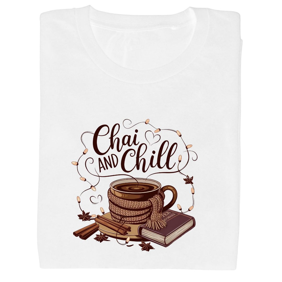 model wearing CHAI AND CHILL statement t-shirt front view