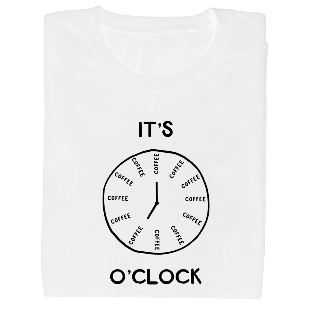 close-up of COFFEE O' CLOCK print on soft cotton fabric