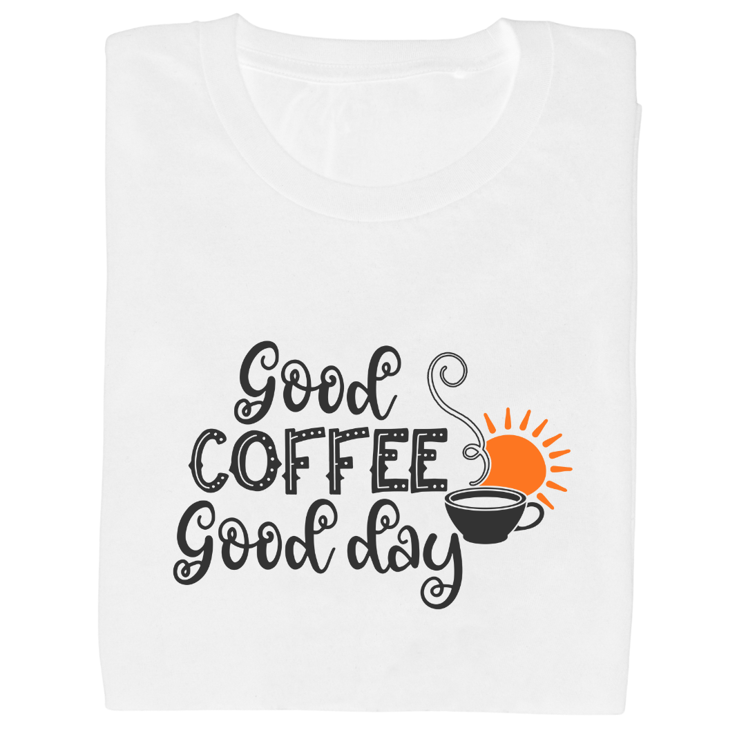 model wearing GOOD COFFEE DAY statement t-shirt front view